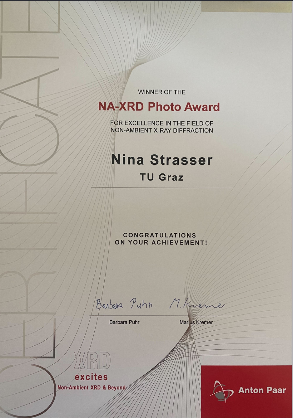 XRD Photo Award certificate