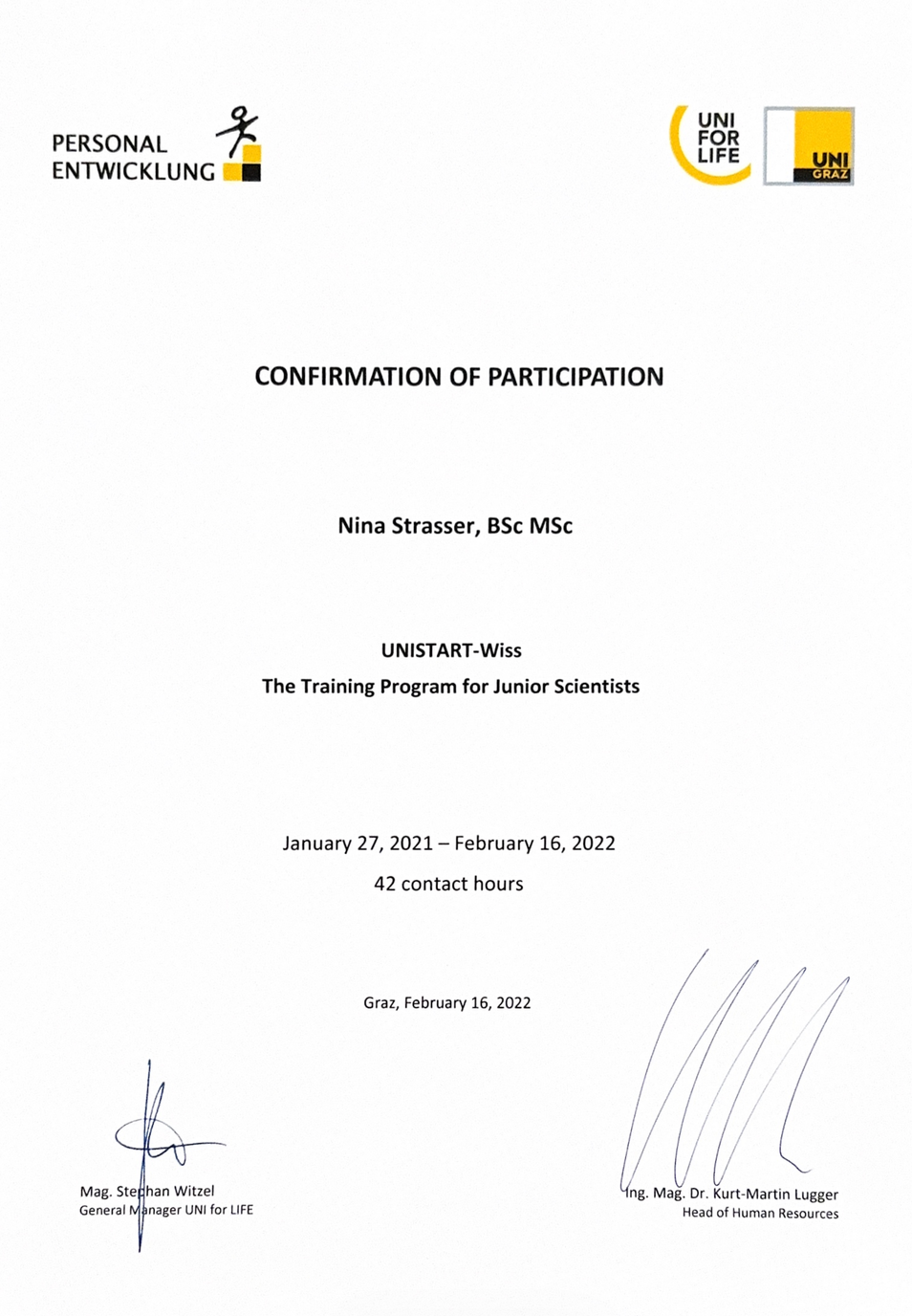 Training program for young scientists certificate